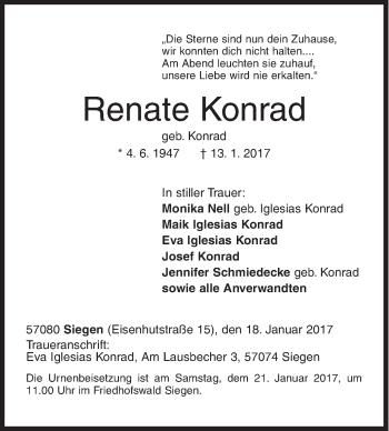 Traueranzeige von Renate Konrad von Siegener Zeitung