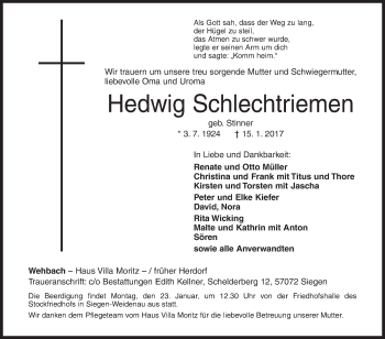 Traueranzeige von Hedwig Schlechtriemen von Siegener Zeitung