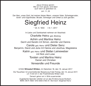 Traueranzeige von Siegfried Heinz von Siegener Zeitung