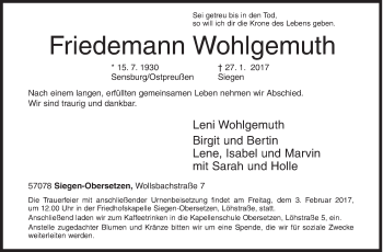 Traueranzeige von Friedemann Wohlgemuth von Siegener Zeitung
