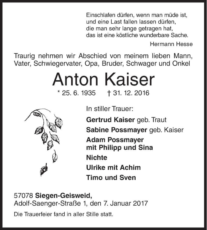  Traueranzeige für Anton Kaiser vom 07.01.2017 aus Siegener Zeitung