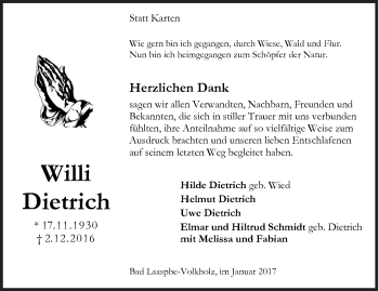 Traueranzeige von Willi Dietrich von Siegener Zeitung