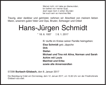 Traueranzeige von Hans-Jürgen Schmidt von Siegener Zeitung