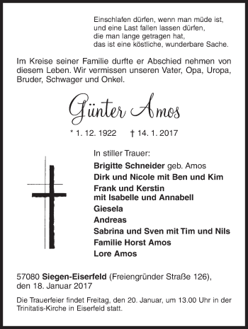 Traueranzeige von Günter Amos von Siegener Zeitung