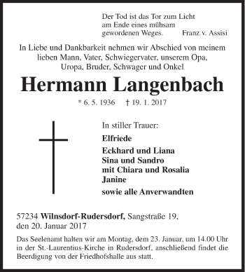 Traueranzeige von Hermann Langenbach von Siegener Zeitung