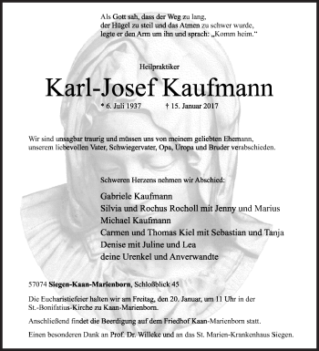 Traueranzeige von Karl-Josef Kaufmann von Siegener Zeitung