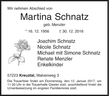 Traueranzeige von Martina Schnatz von Siegener Zeitung