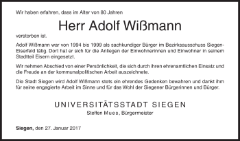 Traueranzeige von Adolf Wißmann von Siegener Zeitung