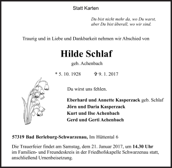 Traueranzeige von Hilde Schlaf von Siegener Zeitung