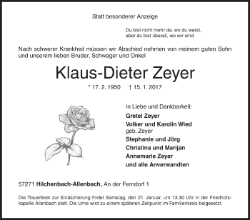 Traueranzeige von Klaus-Dieter Zeyer von Siegener Zeitung