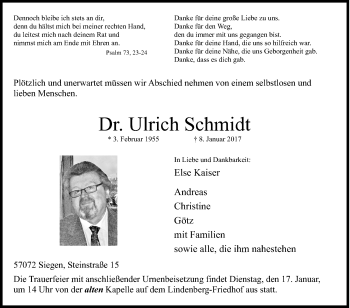 Traueranzeige von Ulrich Schmidt von Siegener Zeitung