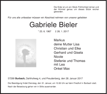Traueranzeige von Gabriele Bieler von Siegener Zeitung