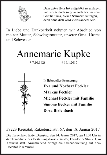 Traueranzeige von Annemarie Kupke von Siegener Zeitung