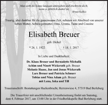 Traueranzeige von Elisabeth Breuer von Siegener Zeitung