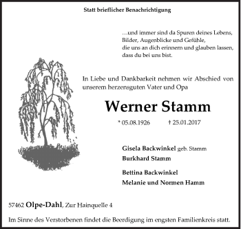 Traueranzeige von Werner Stamm von Siegener Zeitung