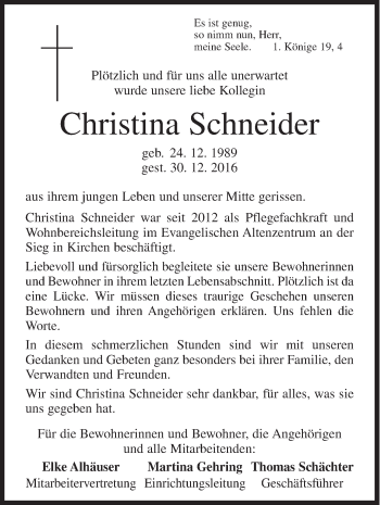 Traueranzeige von Christina Schneider von Siegener Zeitung