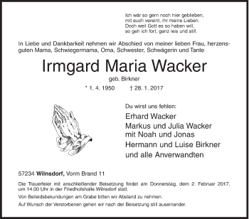 Traueranzeige von Irmgard Maria Wacker von Siegener Zeitung