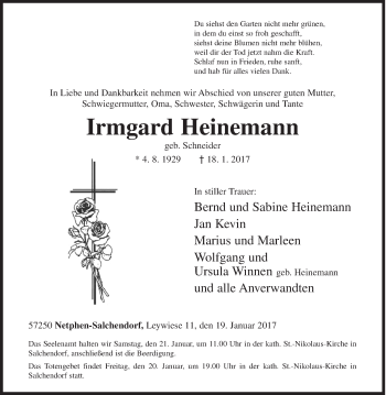 Traueranzeige von Irmgard Heinemann von Siegener Zeitung