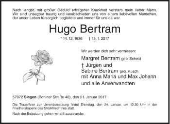 Traueranzeige von Hugo Bertram von Siegener Zeitung