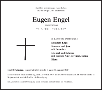 Traueranzeige von Eugen Engel von Siegener Zeitung