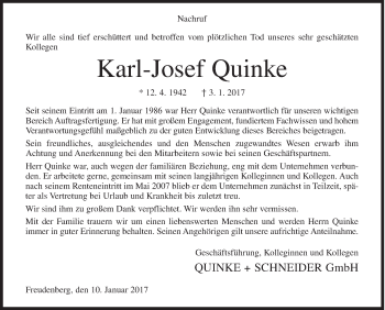 Traueranzeige von Karl-Josef Quinke von Siegener Zeitung