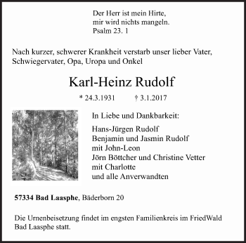 Traueranzeige von Karl-Heinz Rudolf von Siegener Zeitung