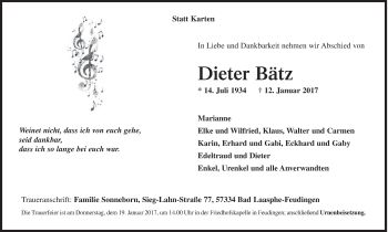 Traueranzeige von Dieter Bätz von Siegener Zeitung