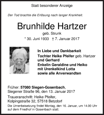 Traueranzeige von Brunhilde Hartzer von Siegener Zeitung