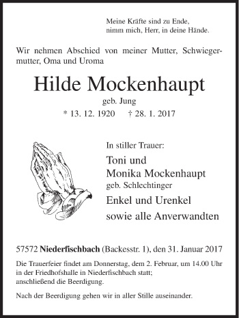 Traueranzeige von Hilde Mockenhaupt von Siegener Zeitung