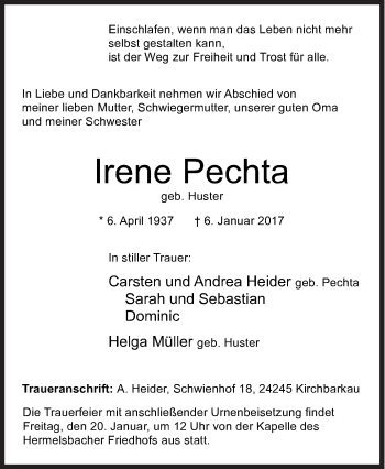 Traueranzeige von Irene Pechta von Siegener Zeitung