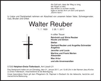 Traueranzeige von Walter Reuber von Siegener Zeitung