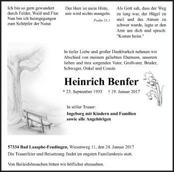 Traueranzeige von Heinrich Benfer von Siegener Zeitung