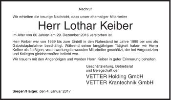 Traueranzeige von Lothar Keiber von Siegener Zeitung