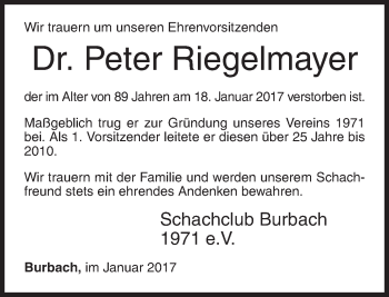 Traueranzeige von Peter Riegelmayer von Siegener Zeitung