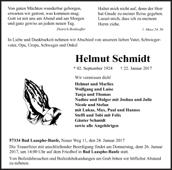 Traueranzeige von Helmut Schmidt von Siegener Zeitung