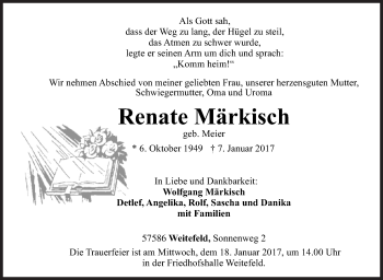 Traueranzeige von Renate Märkisch von Siegener Zeitung