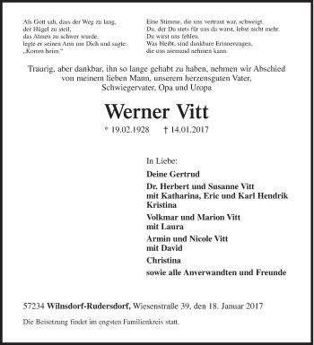 Traueranzeige von Werner Vitt von Siegener Zeitung