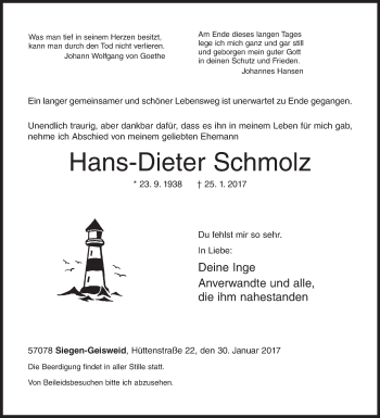 Traueranzeige von Hans-Dieter Schmolz von Siegener Zeitung