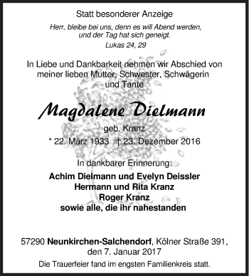 Traueranzeige von Magdalena Dielmann von Siegener Zeitung
