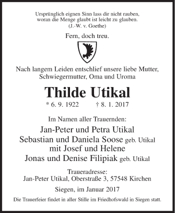Traueranzeige von Thilde Utikal von Siegener Zeitung