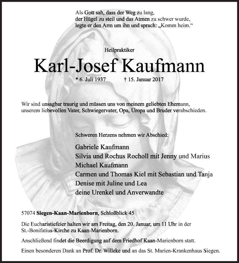  Traueranzeige für Karl-Josef Kaufmann vom 18.01.2017 aus Siegener Zeitung