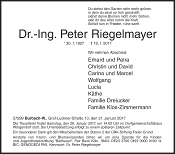 Traueranzeige von Peter Riegelmayer von Siegener Zeitung