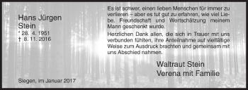 Traueranzeige von Hans Jürgen Stein von Siegener Zeitung