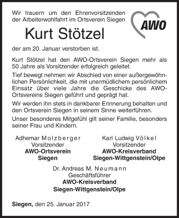 Traueranzeige von Kurt Stötzel von Siegener Zeitung
