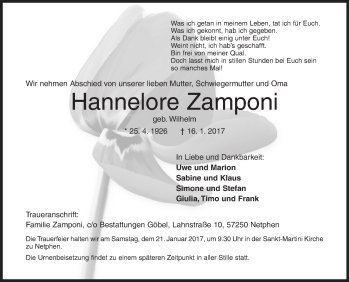Traueranzeige von Hannelore Zamponi von Siegener Zeitung