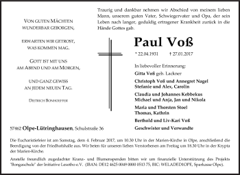 Traueranzeige von Paul Voß von Siegener Zeitung