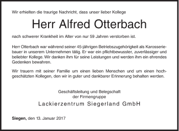 Traueranzeige von Alfred Otterbach von Siegener Zeitung