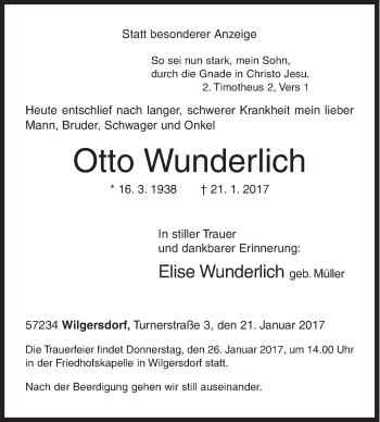 Traueranzeige von Otto Wunderlich von Siegener Zeitung