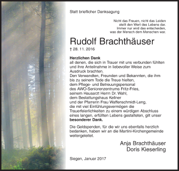 Traueranzeige von Rudolf Brachthäuser von Siegener Zeitung