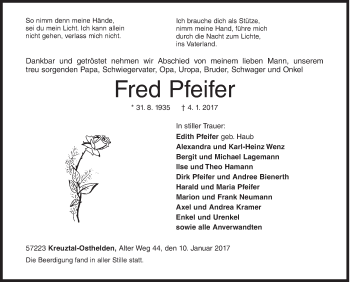 Traueranzeige von Fred Pfeifer von Siegener Zeitung